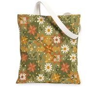 Bolsa de lona de crisantemo para mujer, diseño vintage de hoja de estrella, otoño, verde, lavable, reutilizable, ideal para ir de compras, viajes, oficina, biblioteca, casual, 13 x 15 pulgadas
