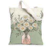 Bolsa de lona de crisantemo para mujer, florero moderno floral con hojas verdes primaveras, lavable, reutilizable, ideas para Tra, Verde, 13x15 Inch