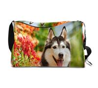 Bolsa de lona de cuero con diseño de perro Husky de flores para hombre, mujer, niños y niñas, perro fin de semana durante la noche, deportes, gimnasio, bolsa de viaje, bolso cruzado de un solo hombro,