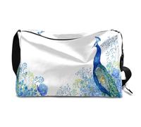 Bolsa de lona de cuero con flores azules de pavo real para hombre, mujer, niños y niñas, pavo real, fin de semana, deportes, gimnasio, bolsa de viaje, bolso cruzado de un solo hombro, color, 18.5L,