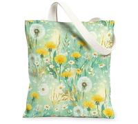 Bolsa de lona de diente de león para mujer, diseño floral de crisantemo, hierba, primavera, amarillo, lavable, reutilizable, ideas para compras, viajes, oficina, biblioteca, casual, 13 x 15 pulgadas