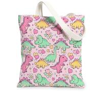 Bolsa de lona de dinosaurio para mujer, diseño de corazones y flores, primavera, melocotón, lavable, reutilizable, estética, ideas para compras, viajes, oficina, biblioteca, casual, 33 x 38 cm