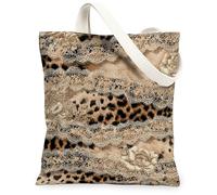 Bolsa de lona de encaje para mujer, bohemia, elegante, con estampado de leopardo, floral, no beige, lavable, reutilizable, ideal para viajes, trabajo, compras, librería, 13 x 15 pulgadas