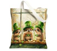 Bolsa de lona de erizo del día de San Patricio para ir de compras, 13 x 15 pulgadas, divertida ventana divertida animal reutilizable estampado bolsa para mujer, trébol rústico, pintura estética