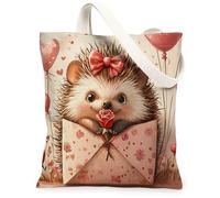 Bolsa de lona de erizo para el día de San Valentín para ir de compras, 13 x 15 pulgadas, carta de amor, amante de los animales, reutilizable, estampado de comestibles, para mujeres, decoración de