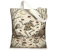 Bolsa de lona de esqueleto para mujer, diseño de búho, hongo, otoño, beige, lavable, reutilizable, pequeña, ideas para compras, viajes, oficina, biblioteca, casual, 13 x 15 pulgadas