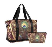 Bolsa de lona de estilo victoriano retro con diseño de plumas de pavo real, para gimnasio, deportes, gimnasio, bolsa de lona con bolsa de aseo multifuncional para yoga, Diseño retro vintage de plumas
