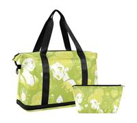 Bolsa de lona de fin de semana con bolsillo húmedo y correa ajustable, diseño de princesas de dibujos animados, color verde claro, plegable, para hombres y mujeres