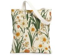 Bolsa de lona de flores de narciso de primavera para ir de compras, 13 x 15 pulgadas, diseño vintage de flores silvestres, reutilizable, estampado de comestibles para mujer, pintura estética de playa