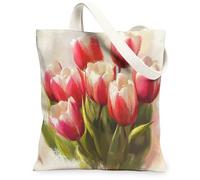 Bolsa de lona de flores de tulipán de primavera para ir de compras, 13 x 15 pulgadas, estampado floral de acuarela, reutilizable, para mujer, pintura estética botánica, decoración de regalo