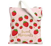 Bolsa de lona de fresa para mujer, diseño de hojas de remolino juguetón de verano, melocotón, lavable, reutilizable, bolsas de mano para uso diario, ideas para familiares, amigos, colegas, lectura