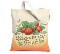 Bolsa de lona de fresa para mujer, diseño vintage de hojas y flores, verano, rojo, lavable, reutilizable, ideal para viajes, trabajo, compras, librería, 13 x 15 pulgadas