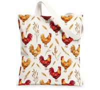 Bolsa de lona de gallo para mujer, estilo rústico, cosecha de plumas de trigo, color rojo, lavable, reutilizable, para compras, Rojo, 13x15 Inch