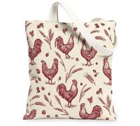 Bolsa de lona de gallo para mujer, estilo rústico de cosecha de bayas de trigo, color rojo, lavable, reutilizable, con gráficos, ideas para familiares, amigos, colegas, lectura y amor, 13 x 15