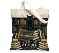 Bolsa de lona de gato para mujer, clásico, libros fantásticos, estrellas, color negro, lavable, reutilizable, para viajes, trabajo, compras, librería, 13 x 15 pulgadas