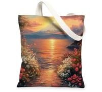 Bolsa de lona de geranio de primavera para compras, 13 x 15 pulgadas, escena de flores, montaña marina, bolsa de comestibles reutilizable para mujer, patrón de viaje floral, decoración de regalo