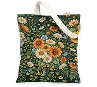 Bolsa de lona de girasol para mujer, diseño floral de crisantemo de verano, color verde, lavable, reutilizable, ideal para viajes, trabajo, compras, librería, 13 x 15 pulgadas