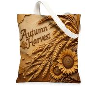 Bolsa de lona de girasol para mujer, otoño, trigo natural, hoja de arce, cosecha, marrón, lavable, reutilizable, con gráfico, Marrón, 13x15 Inch