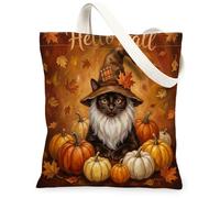 Bolsa de lona de gnomo de gato Bombay para ir de compras, 13 x 15 pulgadas, calabaza otoñal, hoja de arce, reutilizable, estampado de comestibles, para mujeres, pintura estética y decoración de regalo