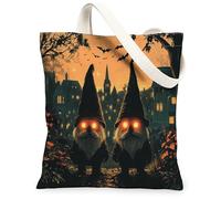 Bolsa de lona de gnomos para mujer, Halloween, murciélagos góticos, casa encantada, Halloween, naranja, lavable, reutilizable, bolsa de mano para viajes, trabajo, compras, librería, 13 x 15 pulgadas