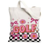 Bolsa de lona de golf para mujer, diseño retro juguetón con cintas de melocotón, margaritas, melocotón, lavable, reutilizable, bolsa de mercado, ideas F, Melocotón, 13x15 Inch