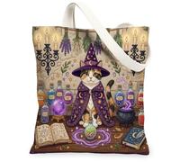 Bolsa de lona de Halloween con diseño de gato americano de pelo corto para ir de compras, 13 x 15 pulgadas, diseño retro divertido de bruja mágica reutilizable para mujer, pintura estética