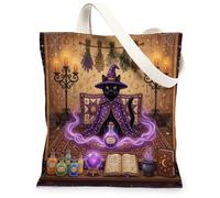 Bolsa de lona de Halloween con diseño de gato Bombay para ir de compras, 13 x 15 pulgadas, retro, divertida, mágica, reutilizable, estampado de comestibles, para mujeres, pintura estética espeluznante