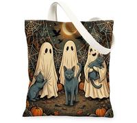 Bolsa de lona de Halloween con diseño de gatos azules rusos para compras, 13 x 15 pulgadas, fantasmas navideños, bolsa de comestibles reutilizable para mujeres, patrón de viaje en el bosque