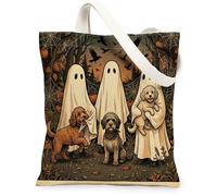 Bolsa de lona de Halloween con diseño de perro Cockapoo para ir de compras, 13 x 15 pulgadas, fantasmas navideños, bolsa de comestibles reutilizable para mujeres, patrón de viaje en el bosque