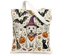 Bolsa de lona de Halloween Westie Dog para ir de compras, 13 x 15 pulgadas, bonitos murciélagos de vacaciones, reutilizable, bolsa de comestibles para mujeres, patrón de fantasmas, decoración de