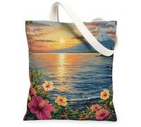 Bolsa de lona de hibisco de primavera para compras, 13 x 15 pulgadas, escena de flores, montaña marina, bolsa de comestibles reutilizable para mujeres, patrón de viaje floral, decoración de regalo