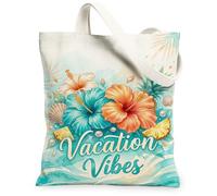Bolsa de lona de hibisco para mujer, diseño tropical vibrante de hojas de concha de verano, turquesa, lavable, reutilizable, pequeña bolsa de mano para compras, Turquesa, 13x15 Inch