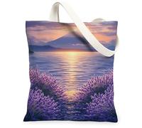 Bolsa de lona de lavanda de primavera para compras, 13 x 15 pulgadas, escena de flores, montaña marina, bolsa de comestibles reutilizable para mujer, patrón floral de viaje, decoración de regalo