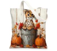 Bolsa de lona de leopardo otoñal para ir de compras, 13 x 15 pulgadas, diseño de hojas de calabazas de madera de otoño, reutilizable, bolsa de hombro para mujer, pintura de guepardos, decoración de