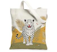 Bolsa de lona de leopardo para mujer, diseño de hojas de palmera tropicales, color beige, lavable, reutilizable, pequeñas, ideas para compras, viajes, oficina, biblioteca, casual, 33 x 38 cm