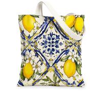 Bolsa de lona de limón para mujer, diseño de flores botánicas mediterráneas, color amarillo, lavable, reutilizable, pequeña, Amarillo, 13x15 Inch