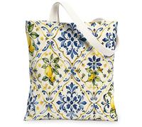 Bolsa de lona de limón para mujer, diseño de flores mediterráneas, color azul, amarillo, lavable, reutilizable, ideal para el mercado, Amarillo, 13x15 Inch