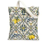 Bolsa de lona de limón para mujer, diseño de flores mediterráneas de peces, color azul, lavable, reutilizable, ideal para viajes al aire libre, trabajo, lectura, 13 x 15 pulgadas