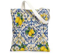 Bolsa de lona de limón para mujer, diseño de hojas de flores mediterráneas, color amarillo, lavable, reutilizable, ideas para compras, Amarillo, 13x15 Inch