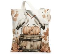 Bolsa de lona de madera con diseño de cigüeñas de otoño para compras, 13 x 15 pulgadas, calabazas de otoño, reutilizable, bolsa de tela para el hombro para mujer, pintura de hoja de arce, decoración