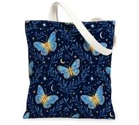 Bolsa de lona de mariposa para mujer, noche, naturaleza, hoja, luna, verano, azul marino, lavable, reutilizable, bolsa de mano para uso diario, ideas para viajes de compras, oficina, biblioteca