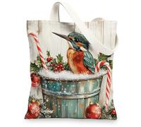 Bolsa de lona de martín pescador de Navidad para ir de compras, 13 x 15 pulgadas, bonita bolsa de comestibles reutilizable para mujer, diseño de invierno, trabajo, viajes, decoración de regalo