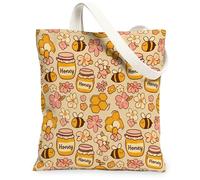 Bolsa de lona de miel para mujer, primavera juguetona flor de abeja, amarillo, lavable, reutilizable, ideal para viajes, trabajo, compras, librería, 13 x 15 pulgadas