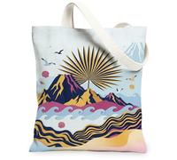 Bolsa de lona de montaña para mujer, diseño de olas tropicales del sol, verano, azul, lavable, reutilizable, estética, para compras, brunch, parque, biblioteca, excursiones, 13 x 15 pulgadas