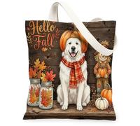 Bolsa de lona de otoño con diseño de perro de los Grandes Pirineos para compras, 13 x 15 pulgadas, bonita bolsa de hombro reutilizable de madera para mujer, decoración de regalo de pintura de otoño