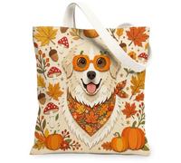 Bolsa de lona de otoño con diseño de perro de los Grandes Pirineos para compras, 13 x 15 pulgadas, diseño retro de otoño, corte de papel, reutilizable, para mujeres, hoja de arce, pintura estética