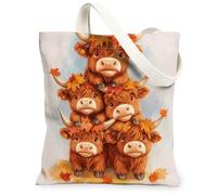 Bolsa de lona de otoño con diseño de vacas de las tierras altas para compras, 13 x 15 pulgadas, bonita bolsa de comestibles reutilizable con diseño de hojas de arce otoñales para mujeres, patrón de