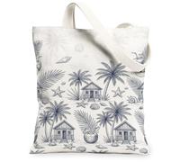 Bolsa de lona de palma para mujer, diseño de concha de coco tropical, verano, azul marino, lavable, reutilizable, ideas para viajes al aire libre, día de trabajo, lectura, 13 x 15 pulgadas