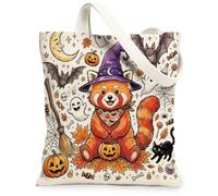 Bolsa de lona de panda rojo de Halloween para ir de compras, 13 x 15 pulgadas, bonitos murciélagos de vacaciones, reutilizable, bolsa de comestibles para mujeres, patrón de fantasmas, decoración de