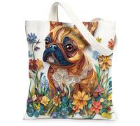 Bolsa de lona de papel con diseño de perro bulldog francés para ir de compras de 13 x 15 pulgadas, divertido cachorro de flores silvestres, bolsa reutilizable con patrón de impresión de comestibles